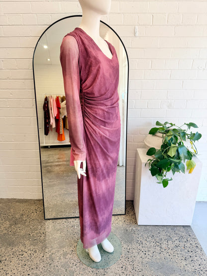 ZARA Mesh V Neck Maxi Dress in Burgundy - Size XL (14)