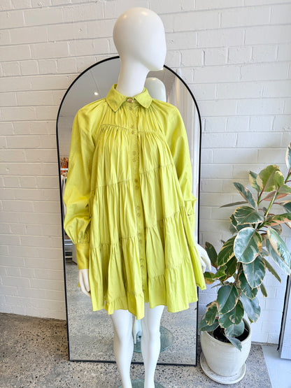 AJE 'Cascade' Smock Dress in Chartreuse Green - Size 8