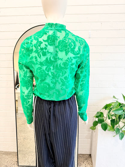 Raef The Label 'Flocked' Lace Long Sleeve Top in Green - Size M (10)