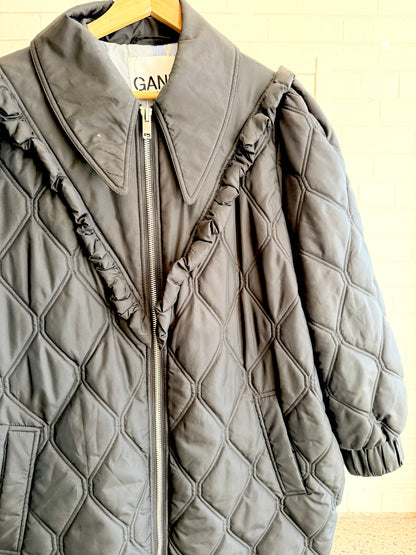 Ganni Black Quilted Frill Zip Up Jacket - Size 16 - 18