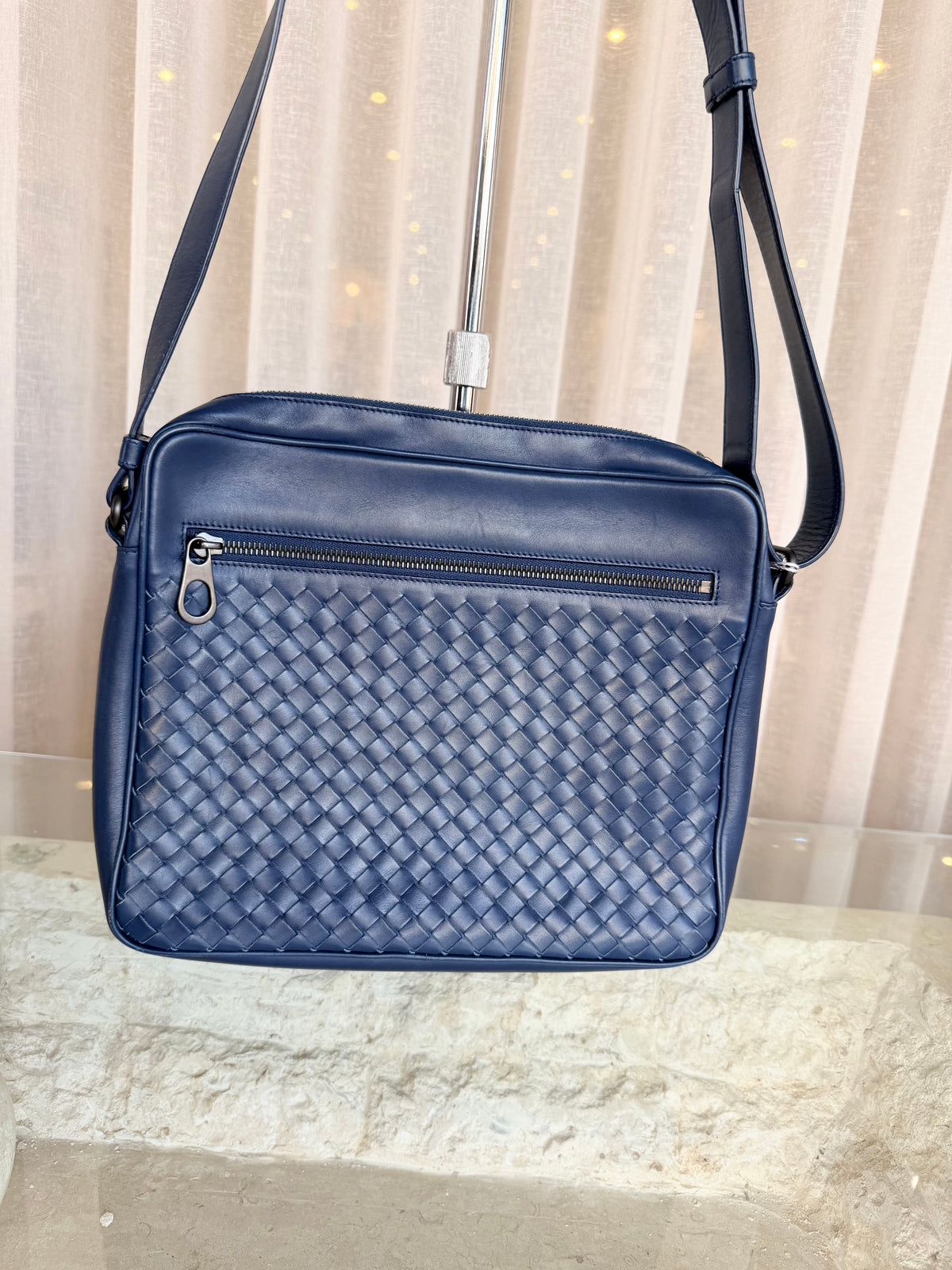 Bottega Veneta Navy Intrecciato Leather Messenger Bag
