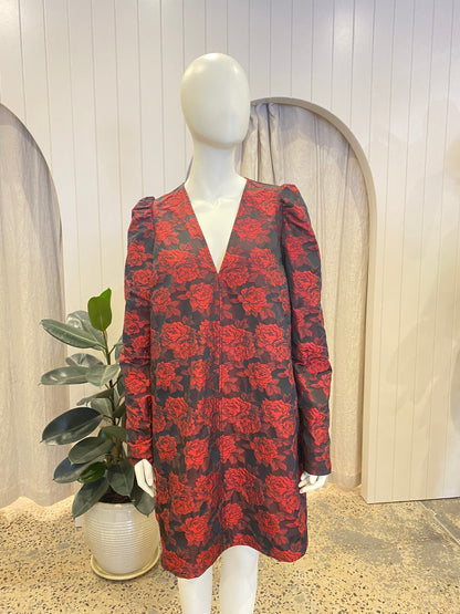 Ganni Red Botanical Jacquard Mini Dress - Size L