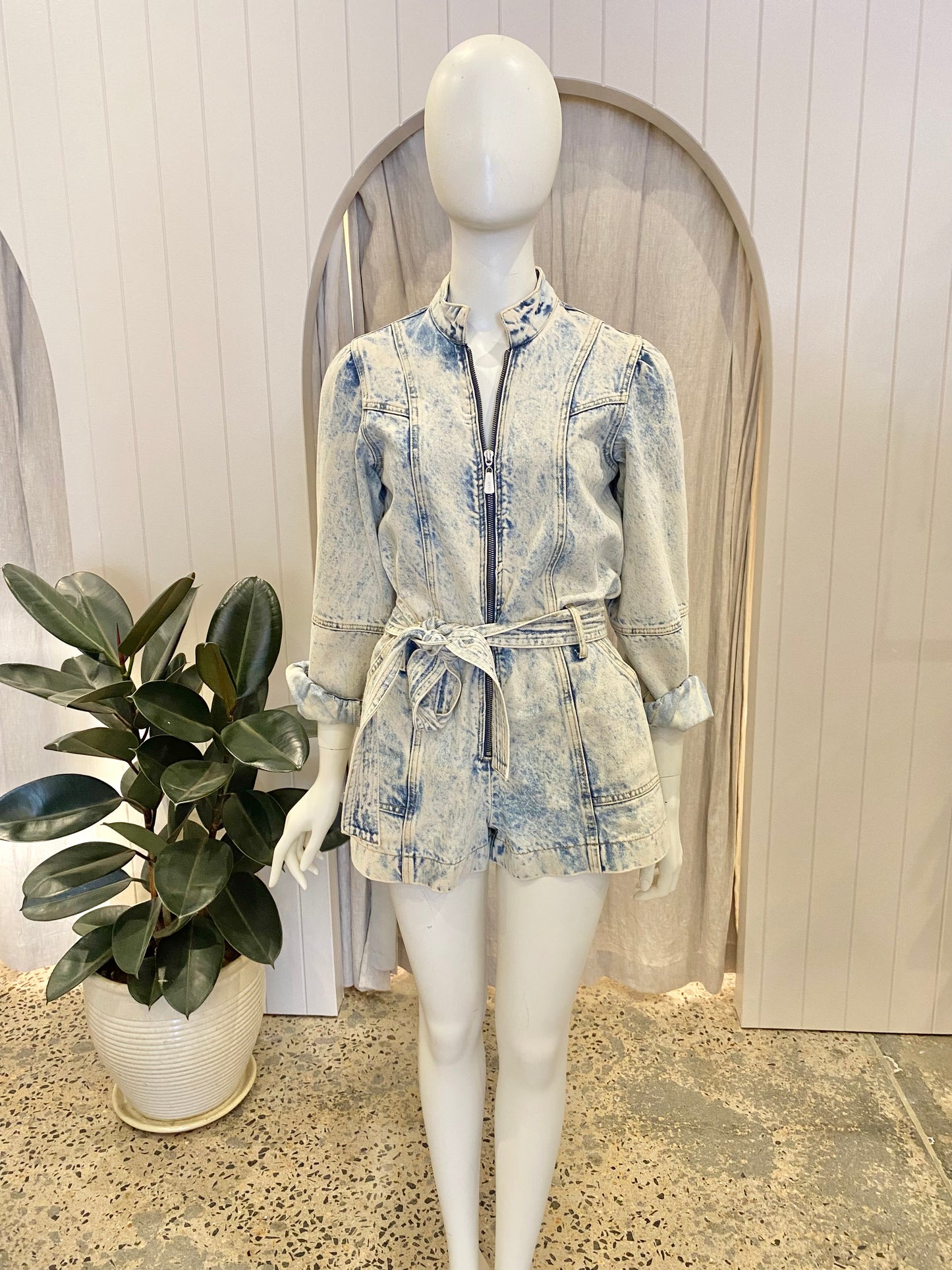 Kivari 'Lourdes' Denim Playsuit in Acid Wash - Size 6
