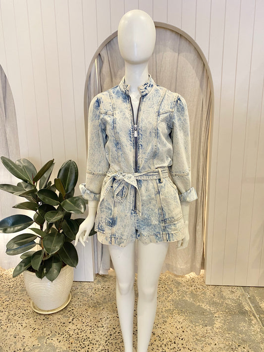 Kivari 'Lourdes' Denim Playsuit in Acid Wash - Size 6