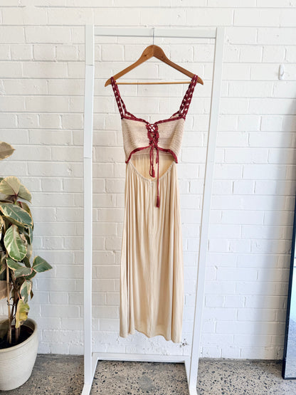 State of Georgia Cream/Burgundy Paradise Crochet Midi Dress - Size XS (6 - 8)