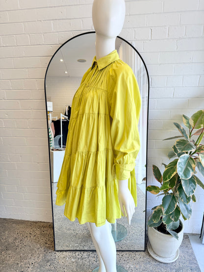 AJE 'Cascade' Smock Dress in Chartreuse Green - Size 8