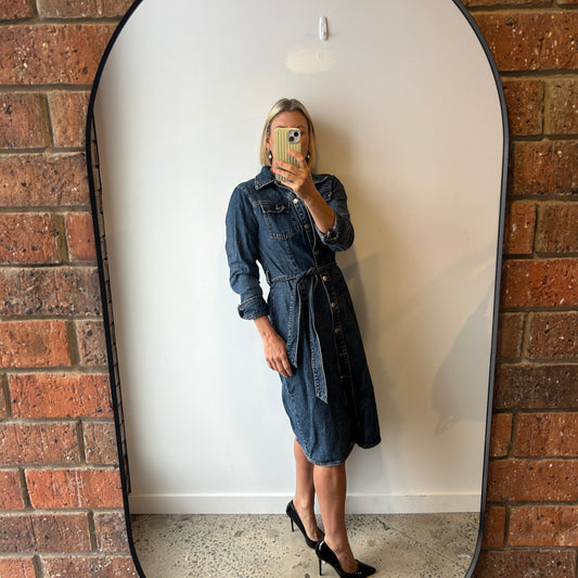 Zara Denim Belted Midi Dress - Size 12