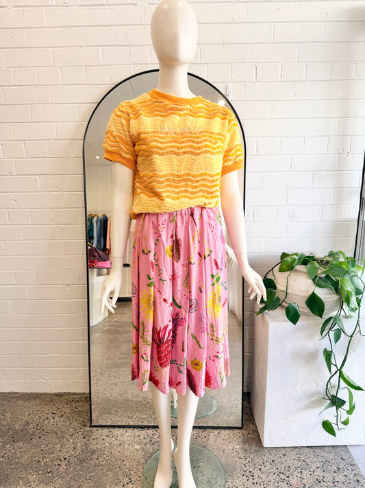 Gorman Pink Birds and Bees Silk Skirt Midi Skirt - Size 8 - Pre-Loved Geelong