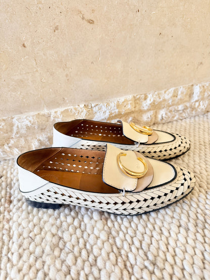 Chloe Cream C Woven Leather Loafers - Size 38
