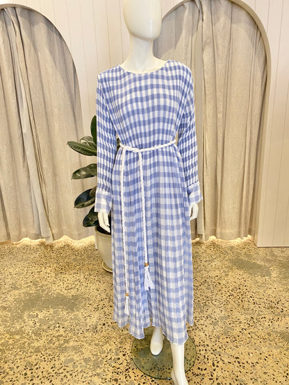 Bohemian Traders French Blue Check Pleated Maxi Dress - Size 2XL (18)