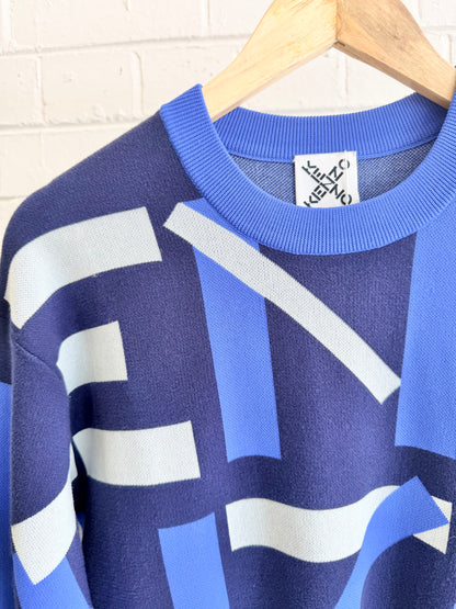 Kenzo Monogram Jacquard Sweater Dress in Navy - Size M (10/12)