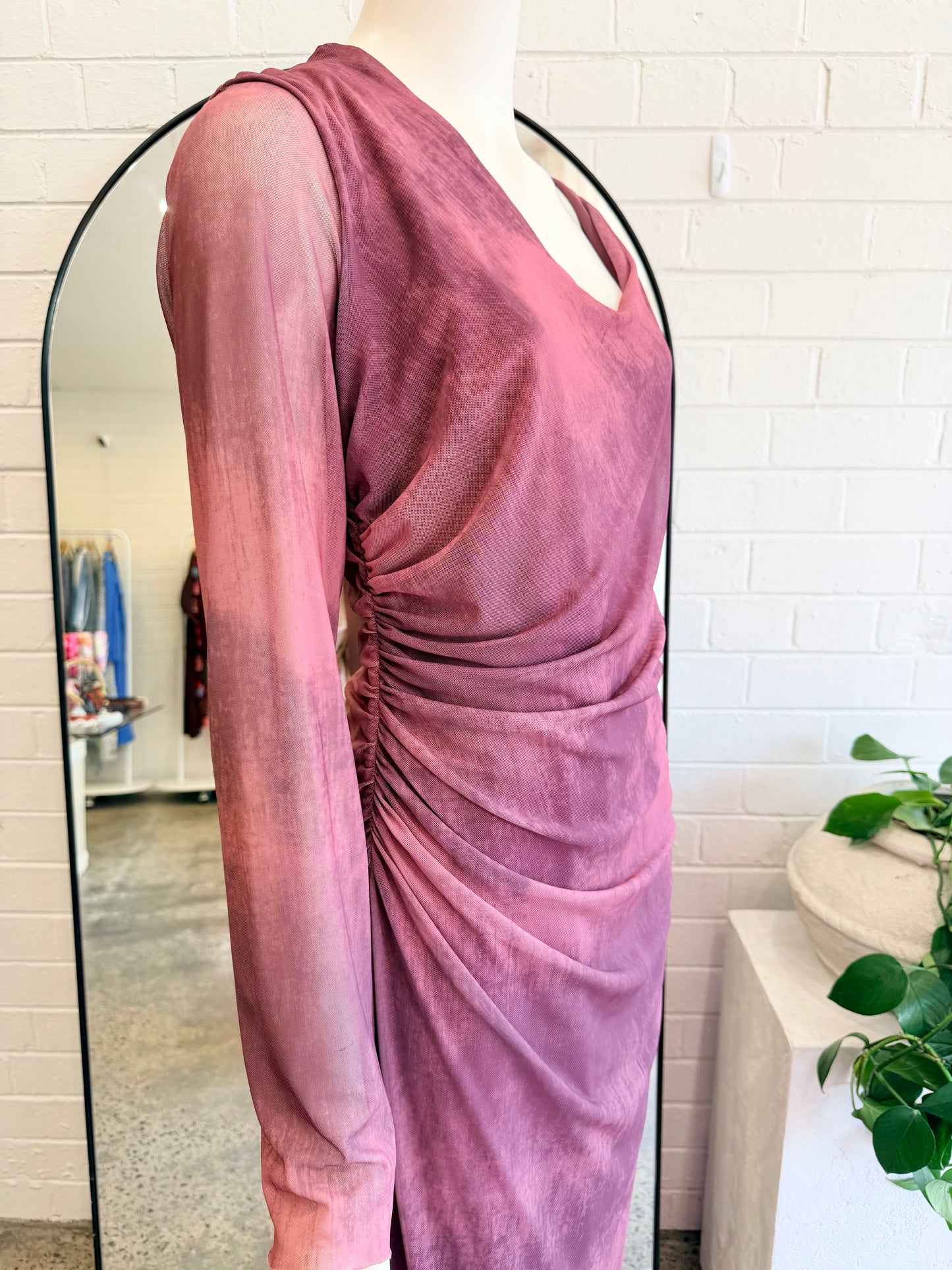 ZARA Mesh V Neck Maxi Dress in Burgundy - Size XL (14)