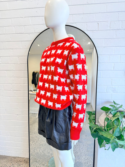 Red and White Sheep Knit Jumper (Princess Diana replica) - Size M (8-12)