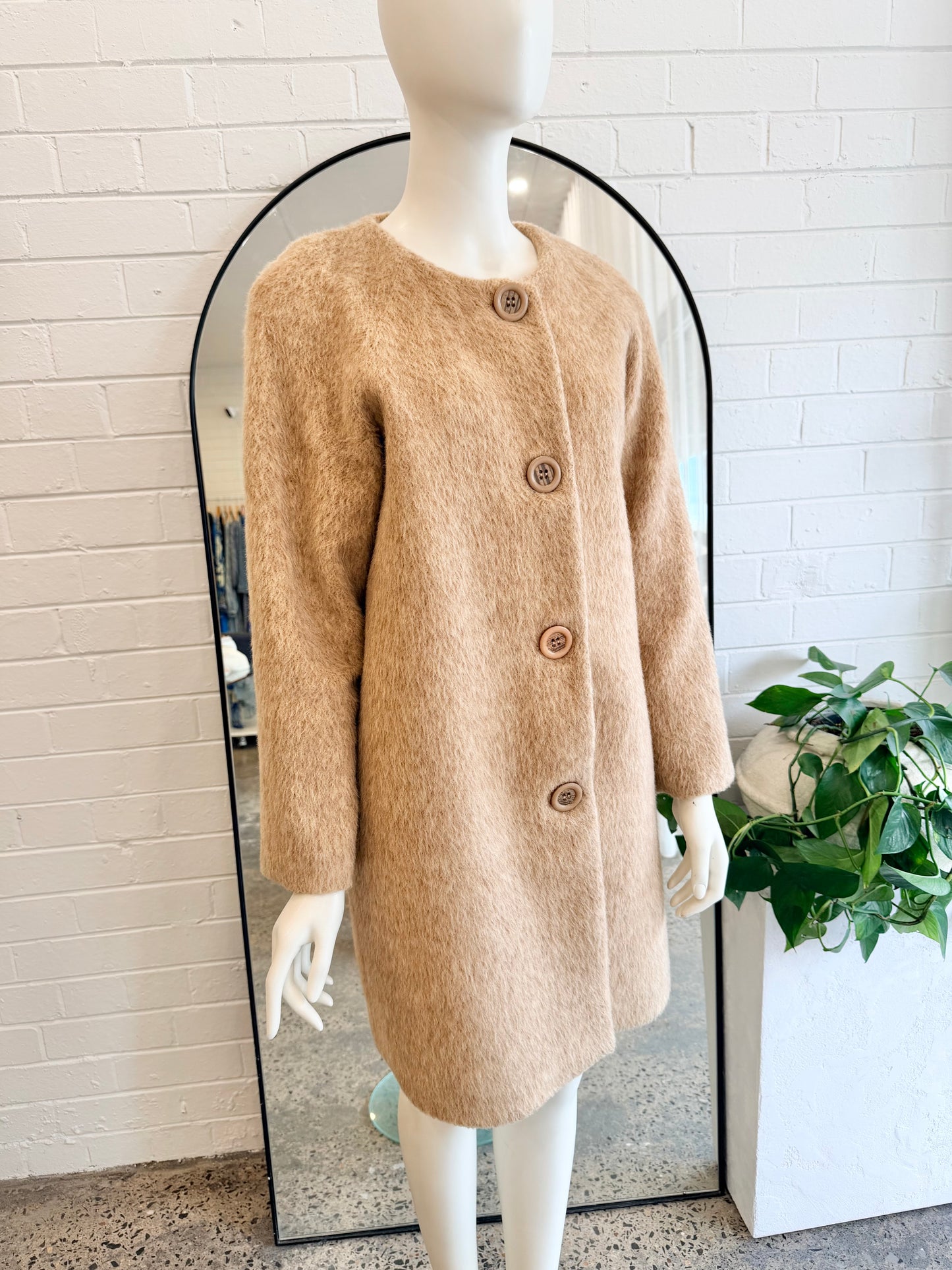 Vintage Wayne Cooper Camel Round Neck Wool Blend Coat - Size 3 (10 - 12)