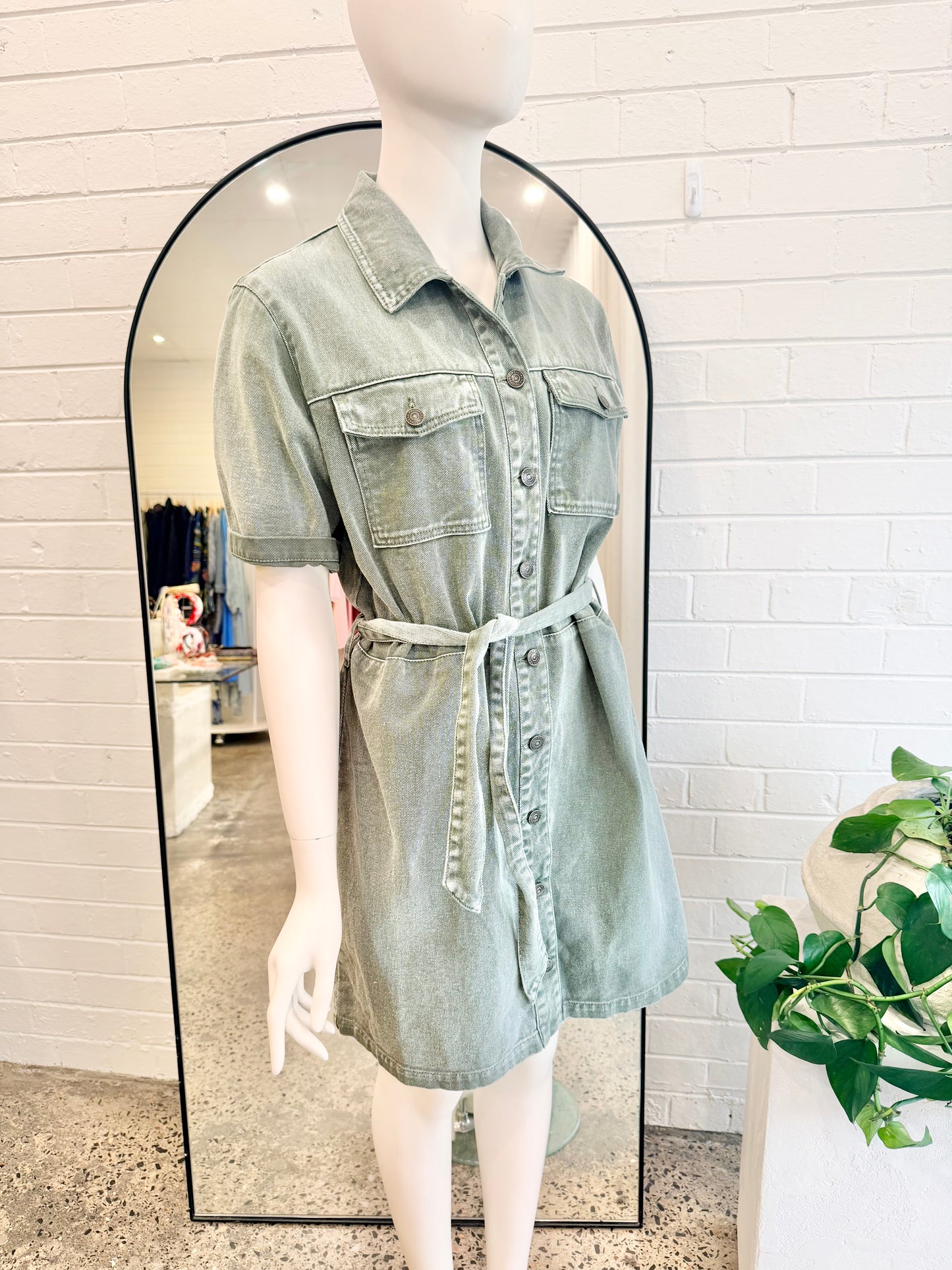 Ena Pelly Belted Denim Dress in Sage green - Size 12
