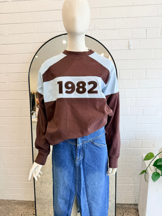 Araminta James 1982 Blue and Brown Jumper - Size SMALL (8-10)