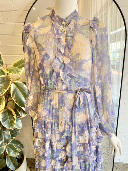 ZIMMERMANN Cosmic Ruffled Silk-Blend Voile Midi Dress - Size 2 (10-12)