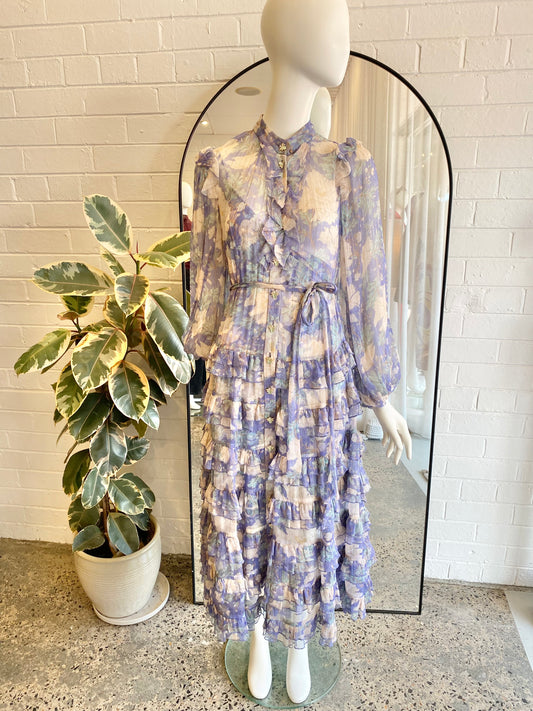 ZIMMERMANN Cosmic Ruffled Silk-Blend Voile Midi Dress - Size 2 (10-12)