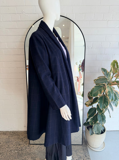 Alpha 60 Navy Check Wool Blend Coat - Size L