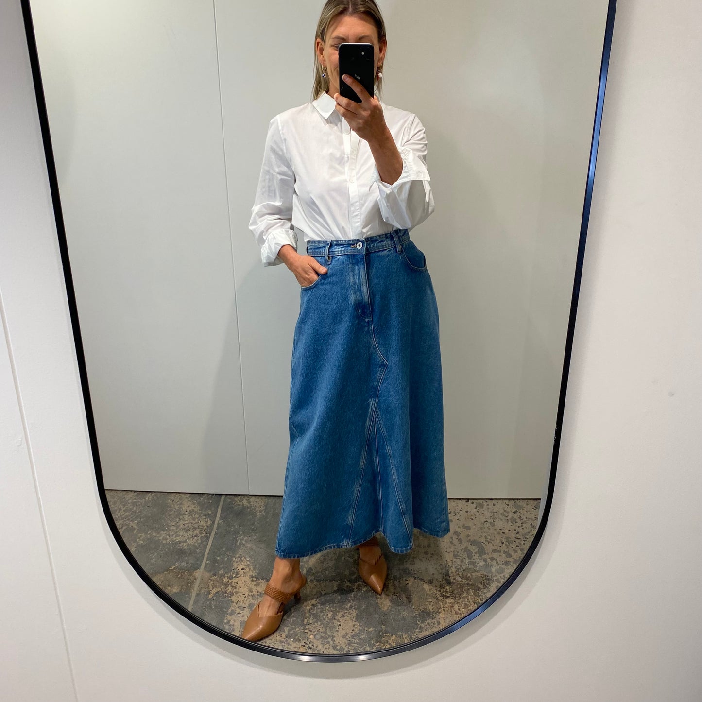 Outland Denim Midi Skirt in Mid Blue wash - Size 31 (14)