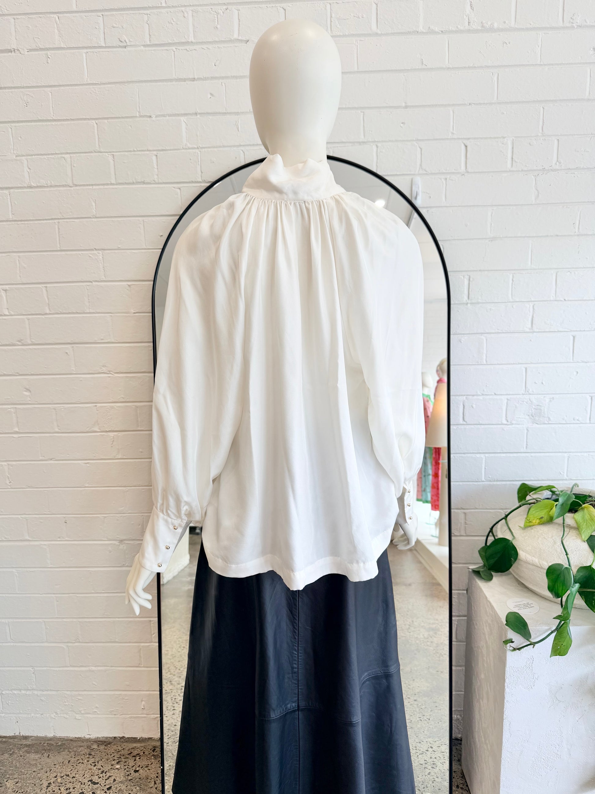Husk Off White Silk Tie Neck Blouse - Size 12 - Pre-Loved Geelong