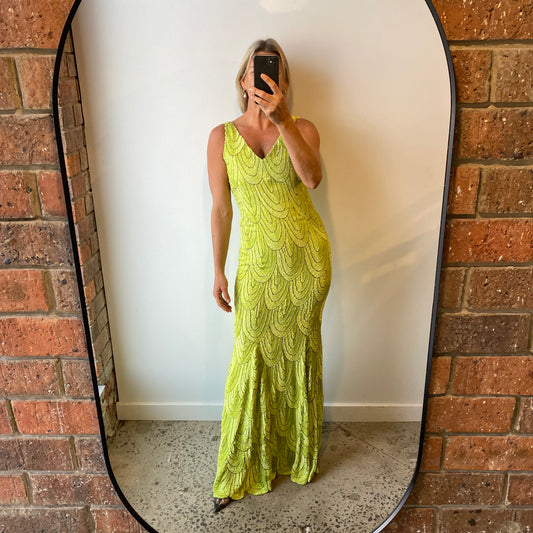 Rachel Gilbert Lime Mermaid Sequin Maxi Dress - Size 8