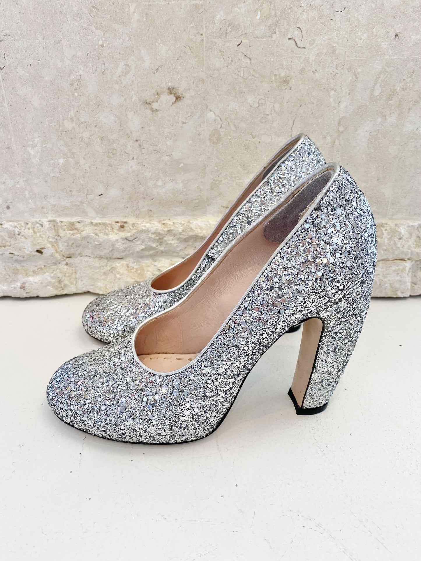 Miu Miu Silver Glitter Pumps - Size 39