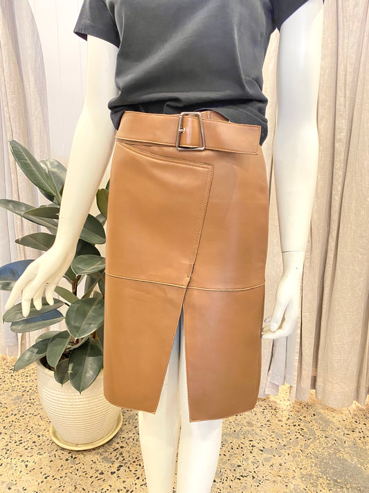 Korean Leather Midi Skirt in Tan - Size 10