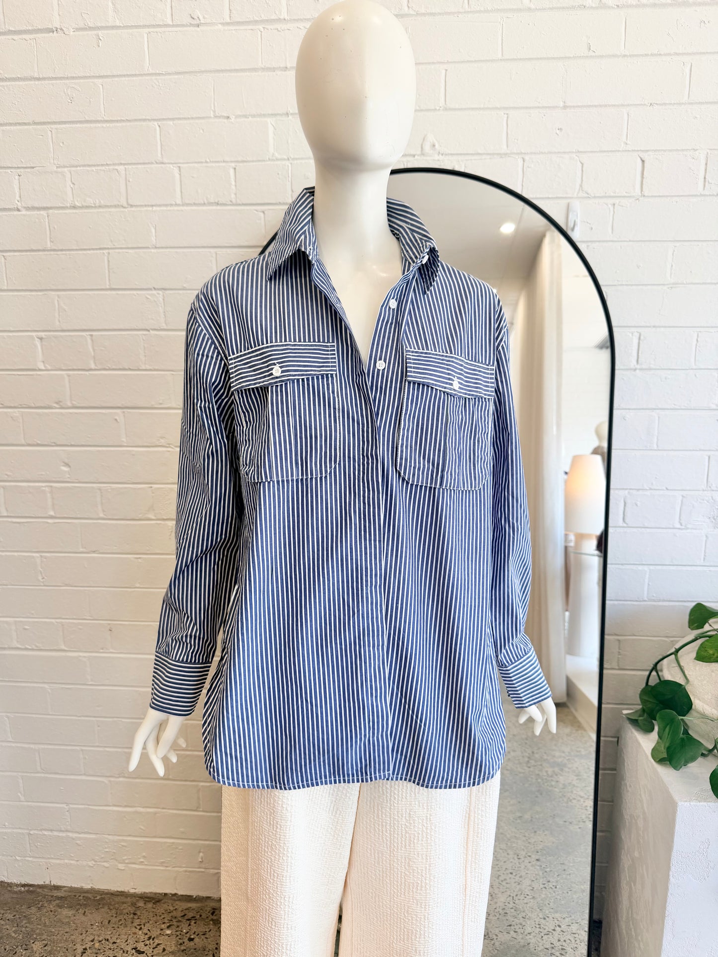 ODE Oversized Shirt in Blue/White stripe - Size 8 - Pre-Loved Geelong