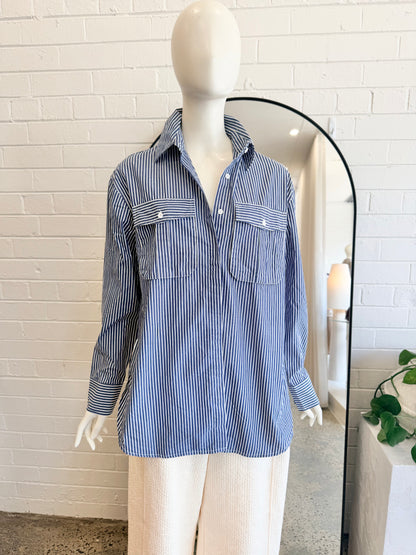 ODE Oversized Shirt in Blue/White stripe - Size 8 - Pre-Loved Geelong