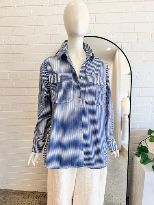 ODE Oversized Shirt in Blue/White stripe - Size 8 - Pre-Loved Geelong