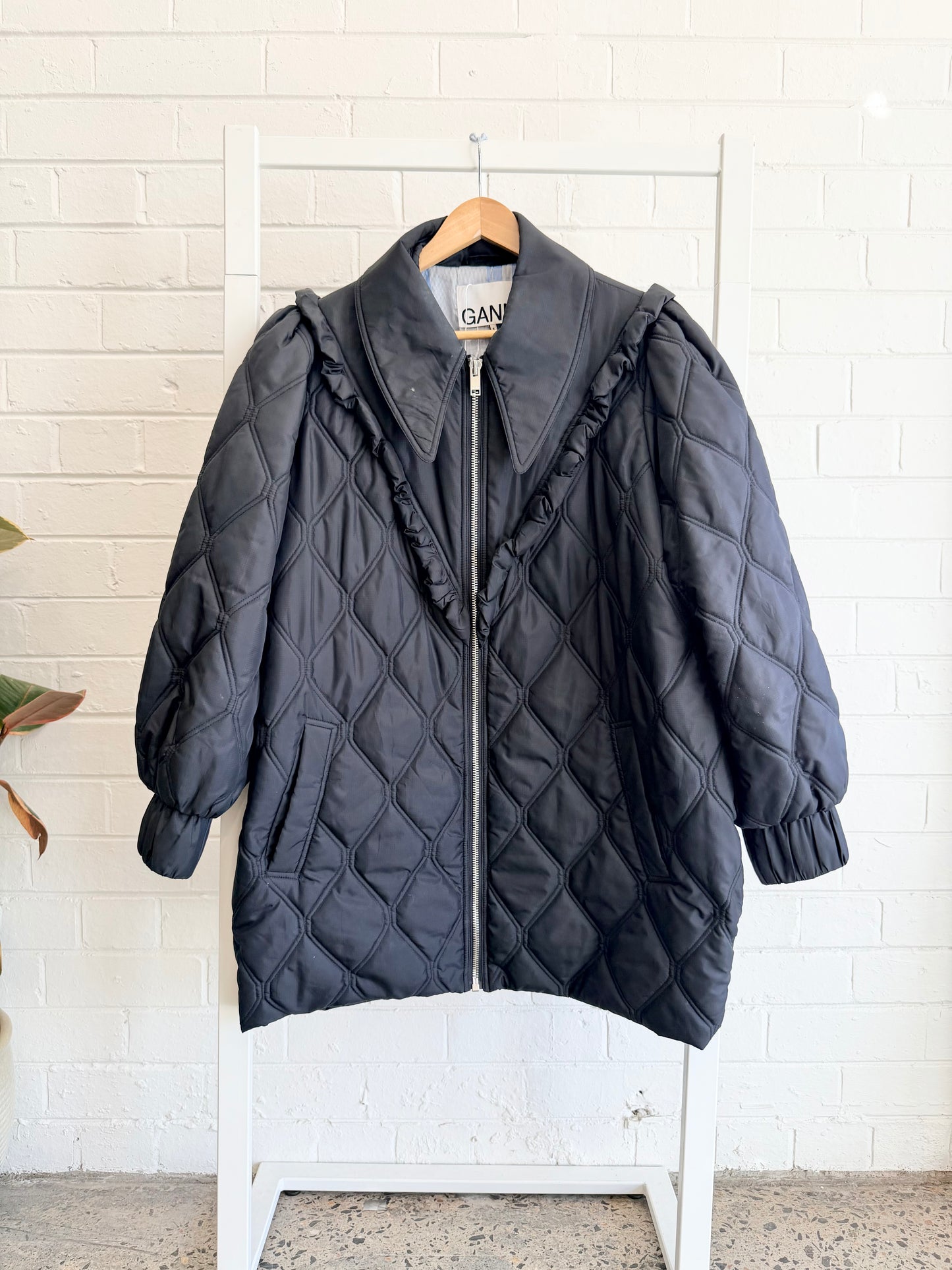 Ganni Black Quilted Frill Zip Up Jacket - Size 16 - 18