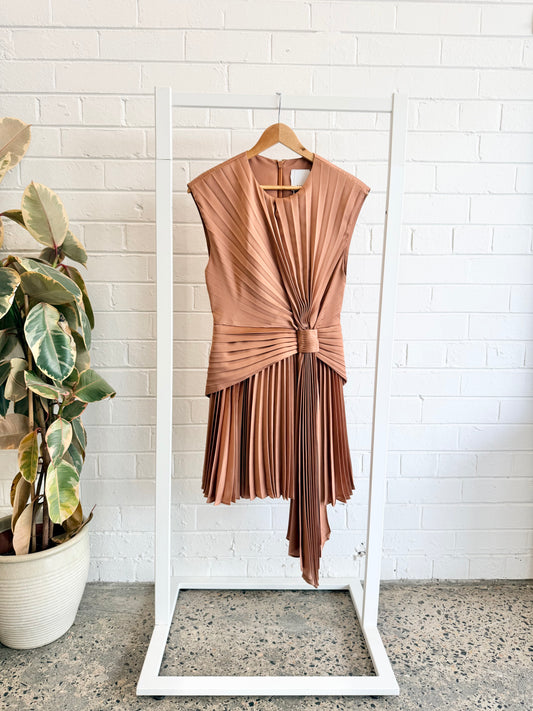 Acler Bronze Mossburn Pleated Satin Dress - Size 8