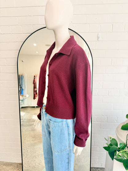 Minima Esenciales Wool Cardigan in Dark Merlot - Size 14