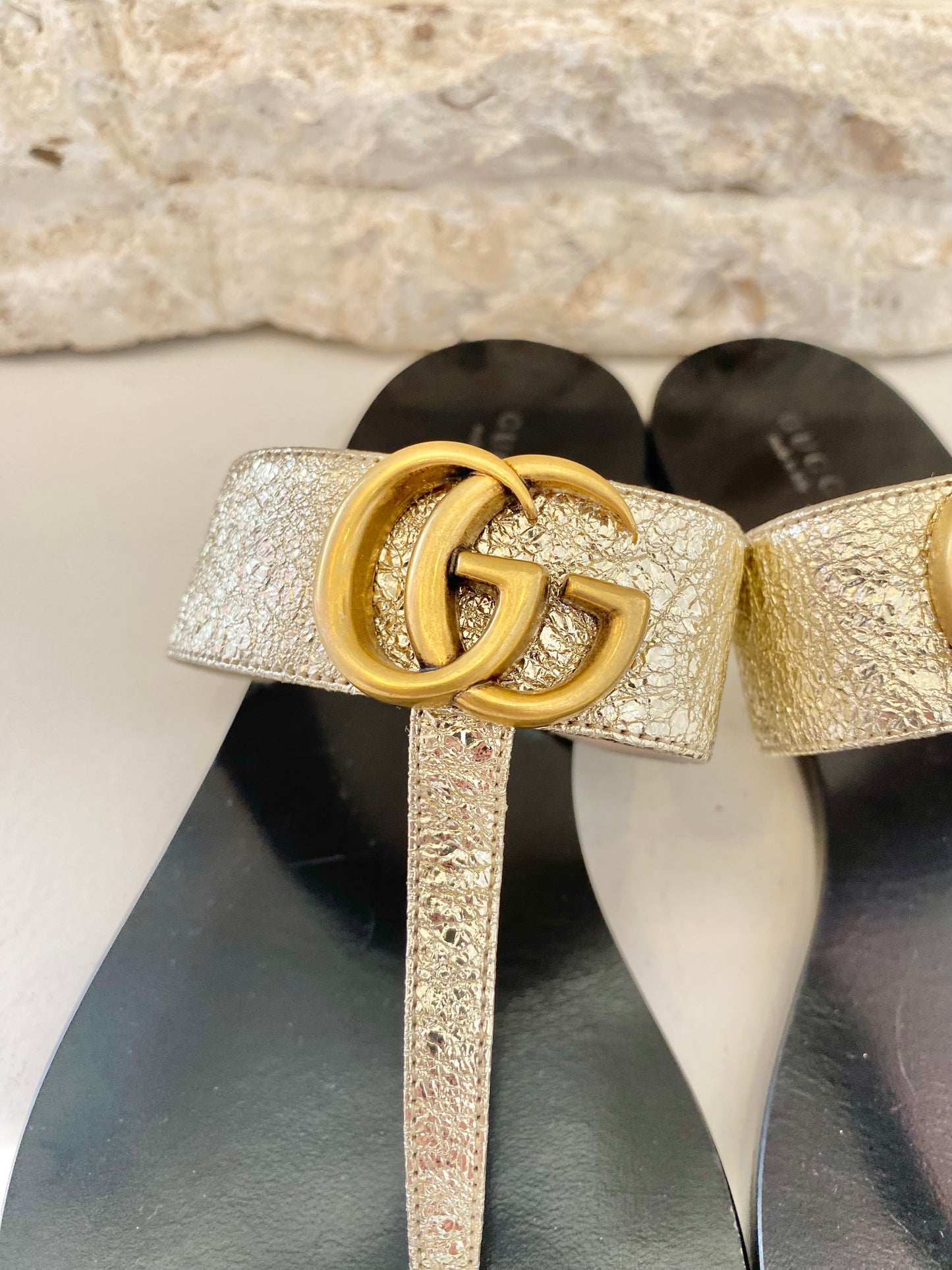 Gucci Black and Gold Marmount Thong - Size 41