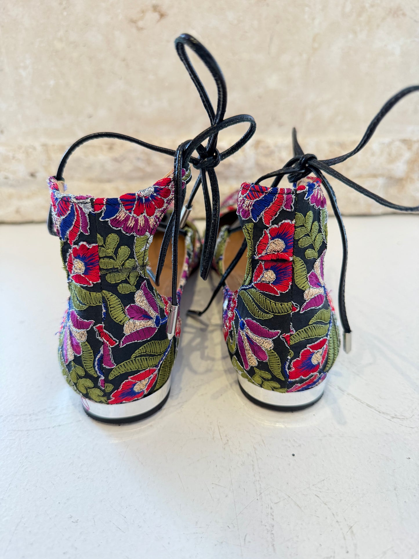 Aquazzura Firenze Christy Embroidered Floral Pinted Toe Flats - Size 39