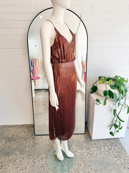 Flannel Copper Sequin Pices Cami Midi Dress - Size 1 (8) - Pre-Loved Geelong