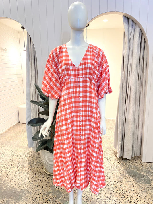 Country Road Check Midi Dress in Red/White - Size 16