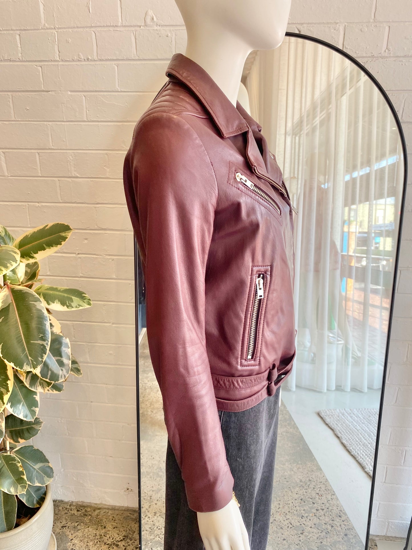 IRO Burgundy Leather Biker Jacket - Size 40 (8)