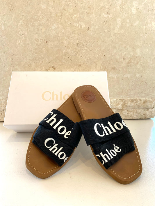 Chloe Black and Tan Woody Embroided Linen Slide - Size 38