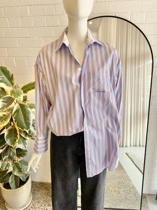 Bassike Blue and Orange Stripe shirt - Size 0 (8-10)