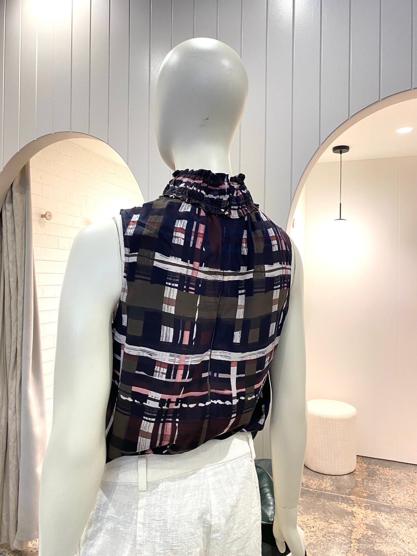 Sally Phillips Silk Check Sleeveless Blouse  - Size 10