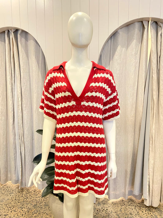 Shona Joy Red Relaxed Leonor Crochet Playsuit - Size XS