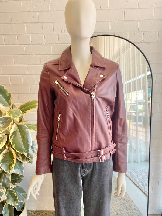 IRO Burgundy Leather Biker Jacket - Size 40 (8)