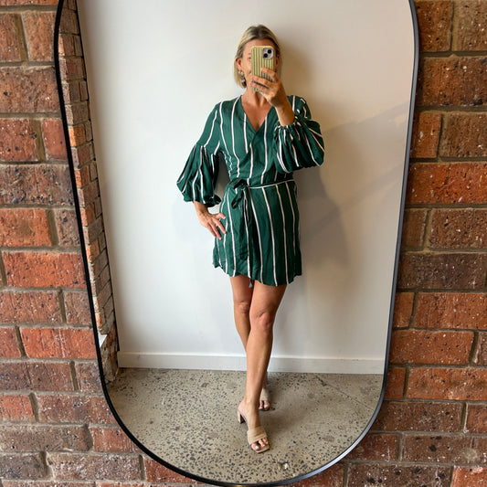 Steele Green Striped Mini Wrap Dress - Size 8