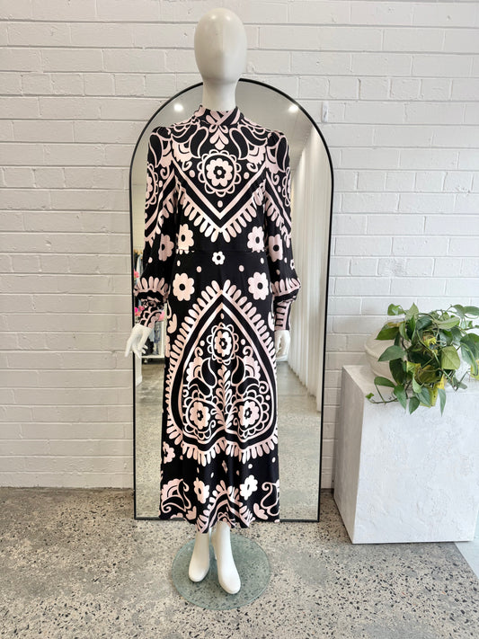 Boden Black and Pink Cuffed Jersey Midi Dress - Size 12