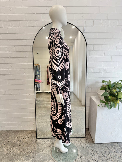 Boden Black and Pink Cuffed Jersey Midi Dress - Size 12