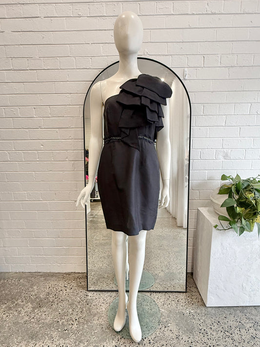Rachel Gilbert Black Silk One Shoulder Mini Dress - Size 2