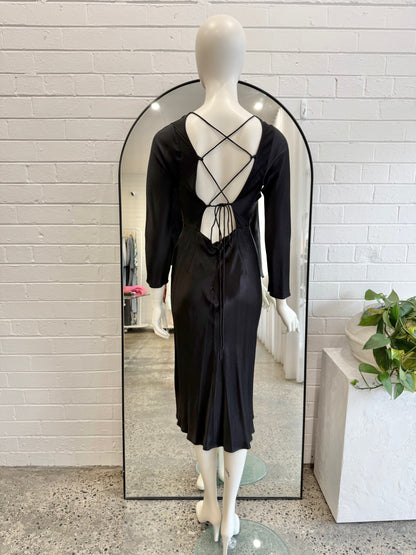 Carver Black Satin Backless Midi Dress - Size S