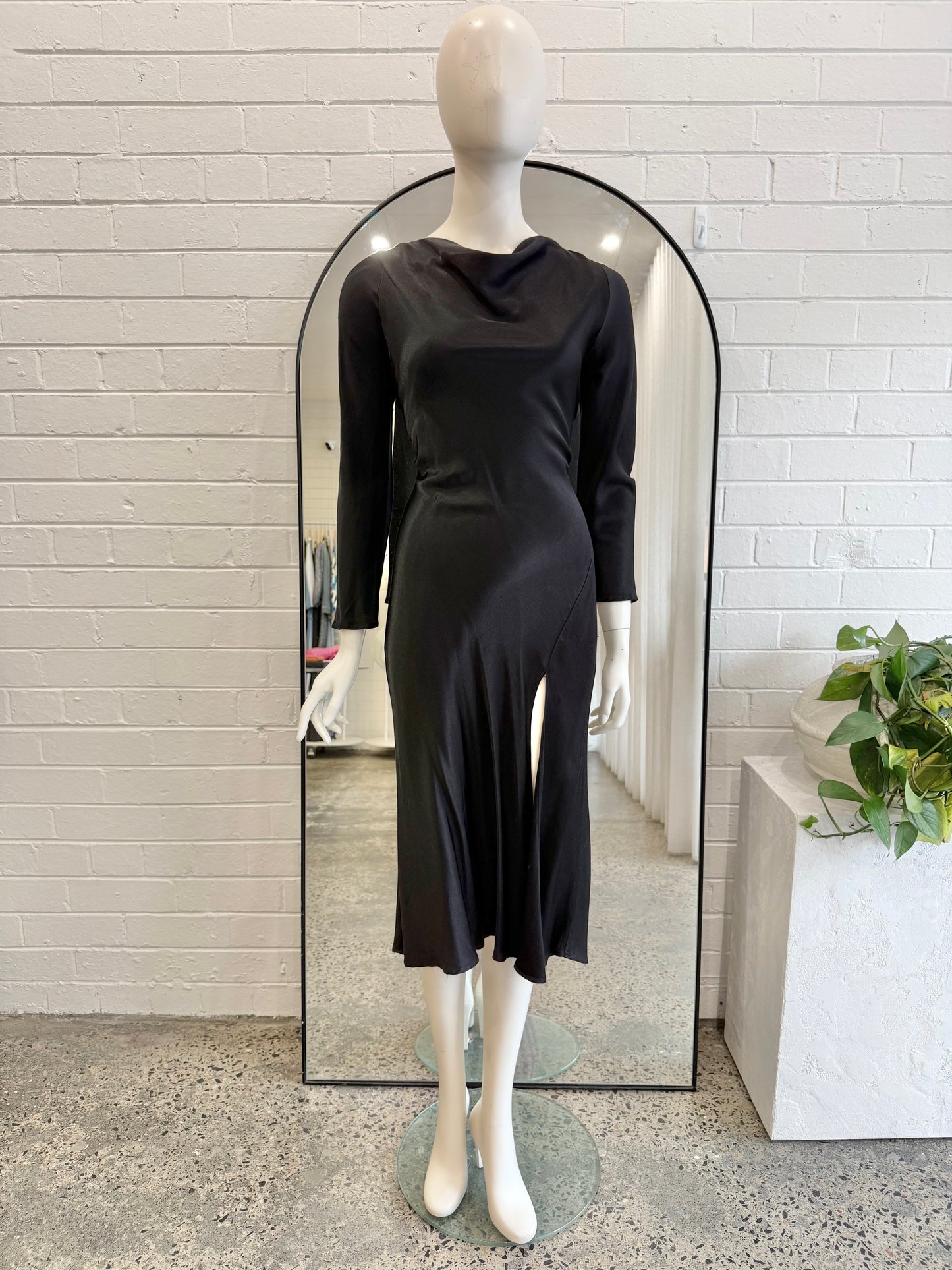 Carver Black Satin Backless Midi Dress - Size S